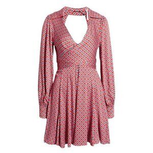 New Free People Long-Sleeve Wrap Dress Open Back & Tie Detail in Red Geometric S
